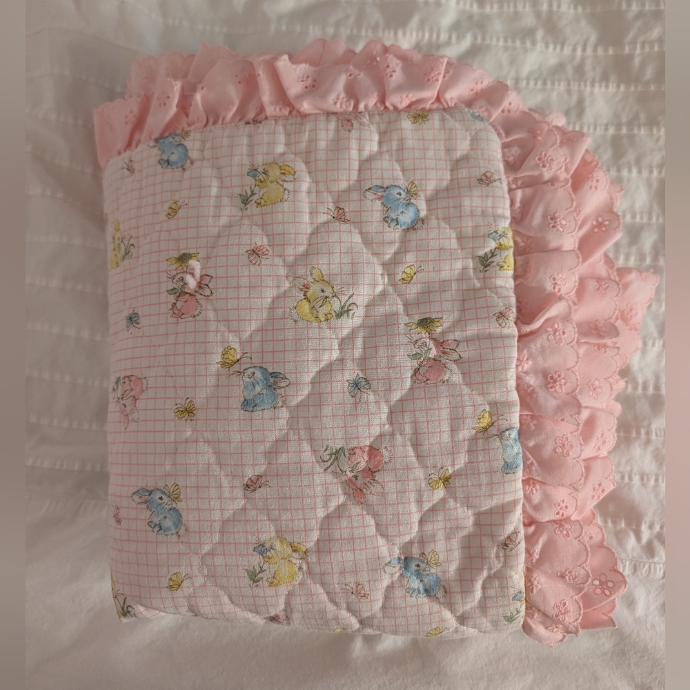 Vintage Handmade Baby Blanket - Adorable Bunnies & Pink Cotton Lace